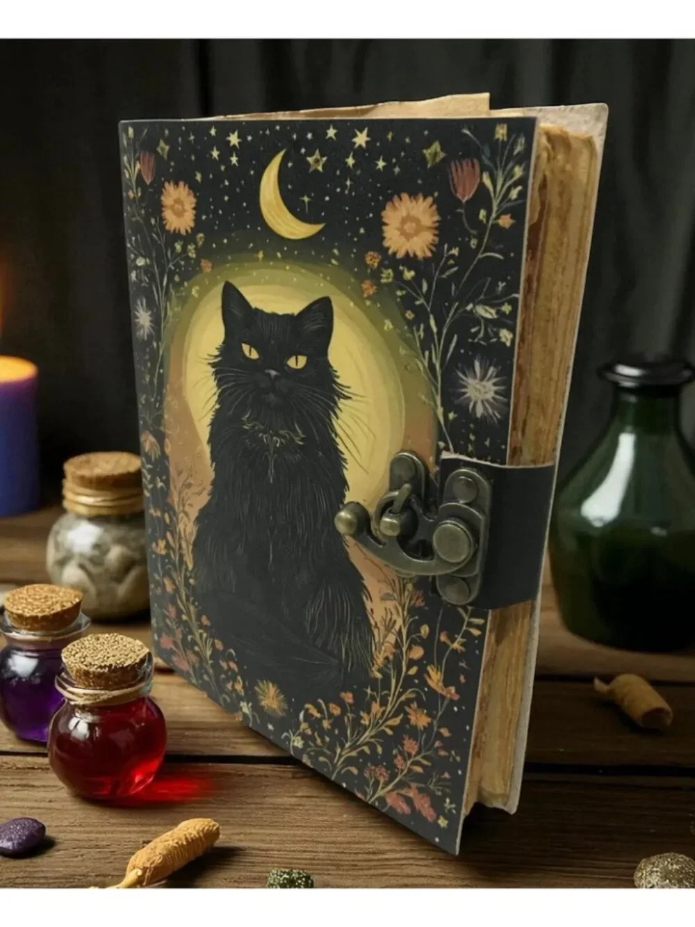 Black Cat & Crescent Moon Leather Journal